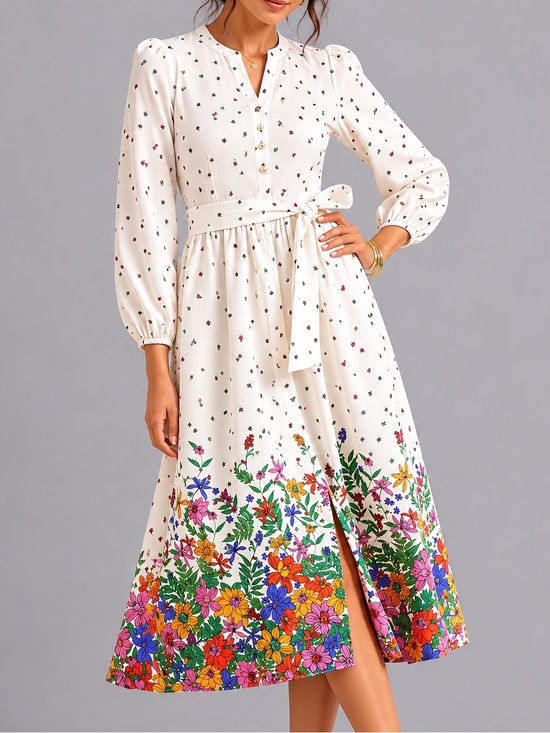 Talbots Dresses & Skirts - Talbots Floral Border Print Midi Dress White Cottagecore Tie Waist Dress